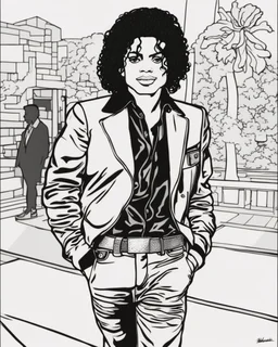 coloring page for teens, simple outlines art, outline drawing, bold outlines, clean and clear outlines, no tones color, no color, no detailed art, art full view, wide angle, white background, Michael Jackson