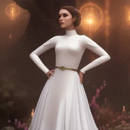 model shoot style, digital art full body portrait of (Princess Leia) ((dressed in white and off white gown)), surrounded by planets, ultra-detailed, ultra quality, ((official character art)), (dark fantasy), illustration, eerie atmosphere, 8k, cinematic lighting, bokeh