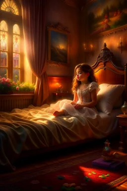 a little girl in a princess dress sitting on a bed, beautiful princess, fairytale artwork, disney artist, disney art, beautiful fantasy painting, sleeping beauty fairytale, very beautiful fantasy art, cgsociety 9, princess, fairy tale illustrations, realistic cute girl painting, photorealistic disney, princess girl, disney princess, fairy tale style background, princes jasmin, artificial intelligence princess