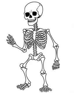 outline art for halloween coloring pages for kids with cartoon cute happy skeleton , white background, Sketch style, full body, only use outline, clean line art, white background, no shadows and clear and well outlined, coloring page for kids, kawaii style