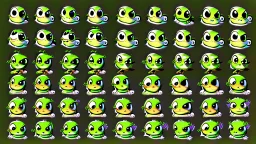 game sprite sheet of 30 images of a young and stylized frog, view from six different angles covering 360°, collection sheet, digital art