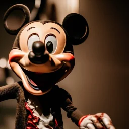 Rotting corpse zombie who is mickey mouse smiling, evil, arms forward like a mummy with fangs