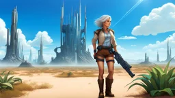 A slender 60-year-old woman, in brown shorts, a shirt and boots, one hand on her hip, the other holding a futuristic gun, standing in a deserted, empty fantasy city, with small clumps of strange plants and trees, blue sky with small white clouds.