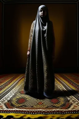 A veiled woman stands on a carpet