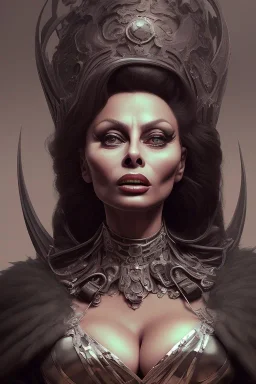 Sophia Loren as evil queen in black leather, cleavage, angry, stern look. character design by cory loftis, fenghua zhong, ryohei hase, ismail inceoglu and ruan jia. unreal engine 5, artistic lighting, highly detailed, photorealistic, fantasy