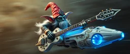 high speed blur, fluffy as hell illithid high priest gremlin guitar acoustic banger, instrumental, celtic, georgian, gypsy jazz, back on track portrait of space captain gnome lich, , priest psycho, in cockpit, celtic knot hollow tube transparent core ornate indented space ship, shiny bright mega ship flourescent white blue like bubble gum with a few big windows