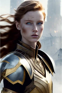 ultrarealistic, concept art, ruined city,__intricate fantasy armor__, no star, __angles__, 18 year old woman, strikingly beautiful,ginger hair, _colour_, (pale __skincolor__ skin:1.2), __camera__, _hair_, detailed face and eyes, medium breasts, sci-fi theme, freckles, dynamic pose, resolved expression, __accessory__, strappy outfit, (straps:1.1), sword in scabbard on left hip, (buckles, buttons, snaps, rings:1.0), haltertop style breastplate, detailed eyes, plump lips