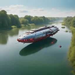 large space ship floating on wide River on a summers day, English village, subtle red and green lights , blue exhaust ports , stopped, antennas, , luminescent , 35 mm focal length