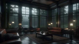 a fancy villa livingroom in the forest with an awesome view from the window,lake,rainy day,mist,dark vivid cinematic atmosphere,fireplace,sun,highly detailed,high budget Hollywood film,(intricate details:1.12),(intricate details, hyperdetailed:1.15)