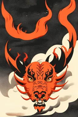 Vintage illustration of a demonic and magical bull made of red flames and fire, savage and obstreperous nature, charging down from black stormy sky, Tsuguyuki Kubo art, Topcraft, vintage storybook illustration, Beardsleyesque, ornamental, fantasy folk art, psychedelic, inspires by 70s Japanese anime, early Studio Ghibli, fantasy animation cartoon, last unicorn