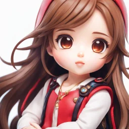 close-up headshot of a chibi girl with long brown hair, red eyes, cute, childlike, intricately detailed, masterpiece, anime chibi doll, 4k