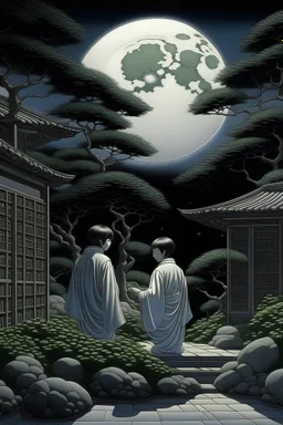 THE MOON HIDDEN SHADOWY FIGURES at the zen garden STYLE OF HIROKU OGAI