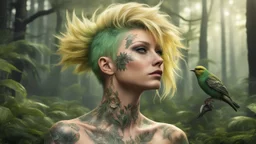 punk blonde 45 years old, forest on head, plant hair, green plants, birds, golden makeup, tattoo, shiny aura, very detailed, fine rendering, high detail, high resolution, 8K