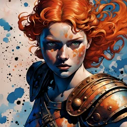 mail art, ancient Roman, , , detailed splatter ink, epic comic style , , triadic colors, close up Roman ginger-haired girl as a gladiator fighting in Coliseum, ,, close portrait, , dynamic pose, light on face, shadow play, perfect face, sharp glowing eyes, by James Jean, Craola, , Andy Kehoe, Dorian Vallejo,, Damian Lechoszest, Todd Lockwood, patchwork, mosaic, storybook illustration, highly detailed unusual beautiful details, intricated, intricated pose, tiny details m