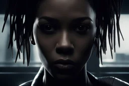 black female agent, supervisor, secret organization, frontal super close up shot, scar, dark mood, dark atmosphere, hyperrealistic 16k, 3d rendering, expressively detailed, dynamic light,