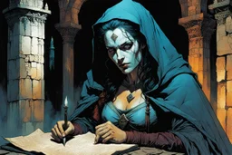 create an ancient vampire woman, studying an arcane manuscript in a ruined Medieval scriptorium , in the graphic novel style of Bill Sienkiewicz and Jean Giraud Moebius, highly detailed facial features, grainy, gritty textures, dark and foreboding, otherworldly and ethereal