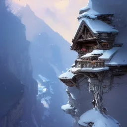 Chalet on bridges between chasm,mountains cliff, mountain peak,blue sky,detailed facades+beautiful, a bit of snow,richly detailed houses,trees,ornamental flowers +uphill road+biopunk+Book illustration by Gediminas Pranckevičius, Jean Baptiste Monge, Brian Kesinger, Anton fadeev, strong lines, high contrast vibrant colors, highly detailed, 16k resolution