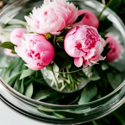 Cinematic shot of peonies inside a glass bowl, glass, crystal, leaves, luxurious, terrarium