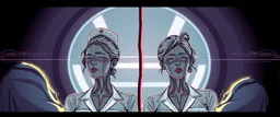 cyberpunk fallout 4, pen outline, A cinematic, high-end advertisement image for a fictional service called “Splice Girls Nurses, Rebuilding Bone Structure on Transparent People™”. Split-screen composition with two contrasting emotional states.