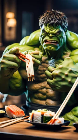 a hulk eating sushi with chopsticks, quality, full, beautiful light, raw photo, 8K UHD, police