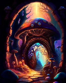 entryway to an elite mushroom dungeon at dawn fantasy rpg painterly art