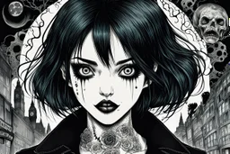 create a horror manga illustration of a dark haired, savage, gothpunk vampire girl with highly detailed , sharply defined feminine facial features, in a chaotic, turbulent, otherworldly London in the manga style of Junji Ito, precisely drawn, inked, with dramatic edges,