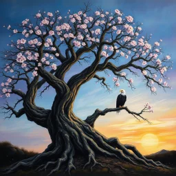 create a wide oil painting of a majestic ancient tree with twisted branches and exposed roots, delicate cherry blossoms on some limbs, gradient sky from deep blue to purple to warm orange, black and white Eagle in silhouette perched on a branch, thick textured brushstrokes, dramatic light and shadow, weathered edges, contemplative and timeless mood --v 7 --ar 16:9