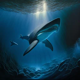 A dramatic, chiaroscuro-style acrylic painting of a powerful basking shark hunting its prey in the depths of the ocean, with stark contrasts between light and shadow to emphasize the intensity and raw beauty of the scene