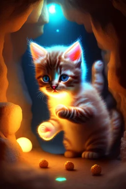 extremely cute glowing kitten is playing in a cave with balls, fantasy highly detailed photorealistic very attractive beautiful