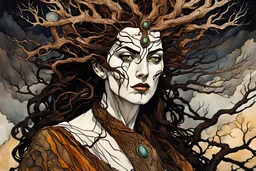 Egon Schiele, Abraham Rattner style abstract expressionist comic book illustration of a pagan druid priestess, bristlecone pine sculpture , dark and dry branches, harmony, intricately detailed, highly detailed facial features, ethereal, otherworldly, the smell of the ancient essence of eternity in vibrant natural color