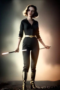 retro portrait image from 1960, explosion, long hair, young Scarlett Johansson, classic black tight lycra suit, metal stick weapon, gold bracelet and belt, high heel boots, soft color, highly detailed, unreal engine 5, ray tracing, RTX, lumen lighting, ultra detail, volumetric lighting, 3d, finely drawn, high definition, high resolution.