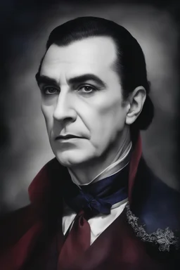 head and shoulders portrait - Bela Lugosi as Count Dracula - 32k, UHD, 1080p, 8 x 10, glossy professional quality digital photograph - dark blue and dark red, and light maroon and purple and foggy black gradated background, historic, powerful, octane rendering, exquisite detail, 30 - megapixel, 4k, 85 - mm - lens, sharp - focus, intricately - detailed, long exposure time, f8, ISO 100, shutter - speed 1125, diffuse - back - lighting, ((skin details, high detailed skin texture)),