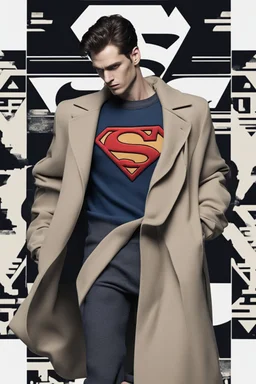 a men winter fashion runway Zeta1 Superman with industrial clothes inspired by Superman Emblem style, embroidery sweaters fashion beige tones