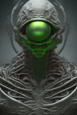 green alien, head, evil, black eyes, silver teeth, weapons, blood, 8k, finely detailed, photo realistic, HR Giger style