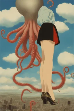 girls leg, Octopus وcloud in blue sky, a red lip, collage art, shuji terayama, dreamy objects, surreal, criterion collection, showa era, intricate details, mirror