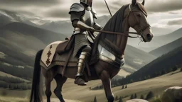 Knight with shield and sword in hands on horse in mountains