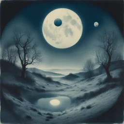 Ethereal Cyanotype Landscapes, eyeball moon, surreal, macabre, Norman Bel Geddes