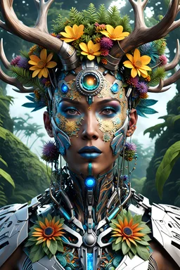 3D rendering of Expressively detailed and intricate of a hyperrealistic “cyborg”: front view, colorful, antler, rainforest, tribalism, detailed with flowers, shamanism, cosmic fractals, dystopian, octane render, 8k post-production, dendritic, artstation: award-winning: professional portrait: atmospheric: commanding: fantastical: clarity: 16k: ultra quality: striking: brilliance: stunning colors: amazing depth