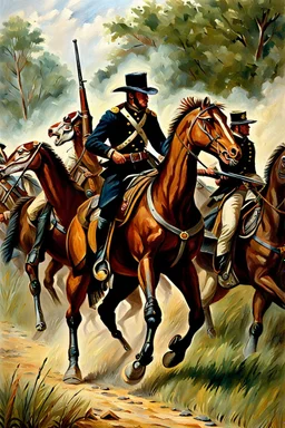 Velociraptors fighting alongside CSA cavalry in US Civil War. Oil painting.