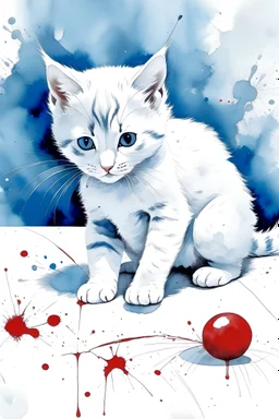 painting of a small white kitten playing with a red ball of yarn under a table, in the center of the picture with space around it taking up only one third of the image, in watercolour, in the background a room with blue walls, splatter, art, aquarell, pastell, ink, soft, negative space, white outlines