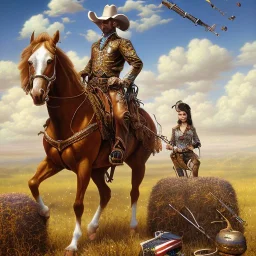 cowboy sitting around brush with pinto horse behind him, rifle held across knees, 8k, high-quality, ultra-fine detail, Brian Froud, Howard Lyon, Anna Dittman, Anne Stokes, Selina French, Greg Rutowski