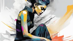 aesthetic, painterly style, modern ink, Morgana hot, neon, sensual, sultry, dark blouse, expressive pose, urbanpunk, abstract texture multilayer background, neo-expressionist , Russ Mills, Ian Miller