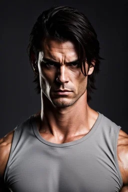 Portrait of a 35 year old muscular evil male with medium length dark hair, with jagged scars on his face. scowling expression, wearing a tight fitting teeshirt