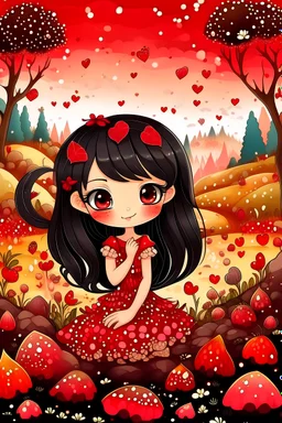 A little fairy with black hair and brown eyes in the red Fruity Little Heartbreaker landscape with glitter