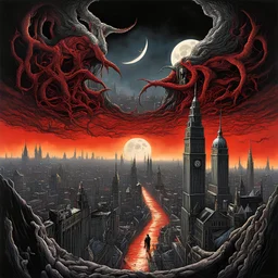 mother Blood over London, under her weeping sky vs under her cackling moon, open teeth wide, horror surrealism, by Michael Whelan, by Dan Seagrave, by Philippe Druillett, maximalism, expansive hellscape, smooth, nightmarish, brilliant dark colors, crimson and black, infernal surreal sunset, ink illustration, Bolland's visceral style, dramatic