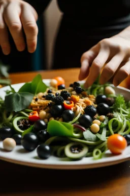 A plate of salad and pasta, with hands placing black olives on top of them