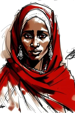 Sudanese woman who waring "Tob" the traditional clothes in sudan, her eyes are red , sketch