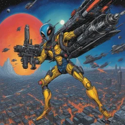 [art by George Perez] helicopterus alien with a lot of mini guns