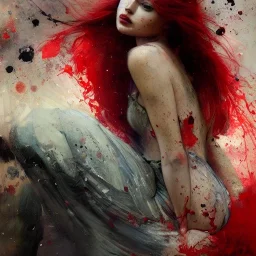 Red, beautiful redhead girl, roses, paint splatter, Jeremy Mann, Pino Daeni, Alphonse Mucha and Alex Maleev and Liz Gael, oil splash, Paint Strokes, Ink Drip, a masterpiece, 8k resolution highly detailed intricate, black_lineart, sharp focus