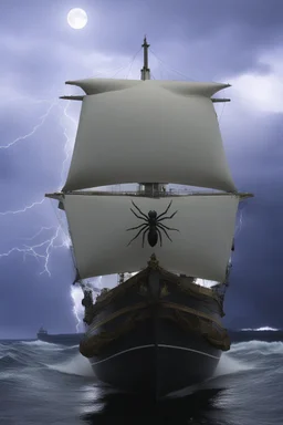 Ship front view with a Spider figurehead at night in a storm with giant waves